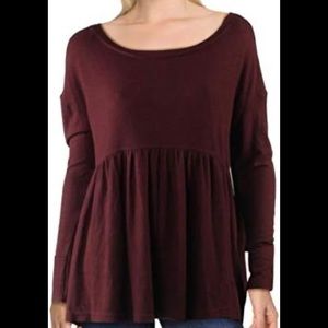 NWT Free People Garnet Empress Maroon Crew Neck Flowy Babydoll Long Sleeve Top